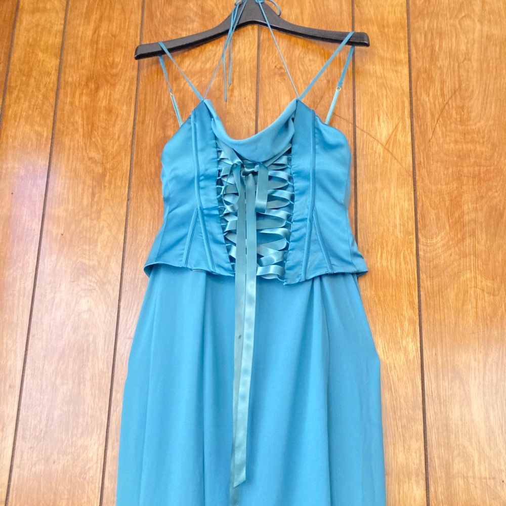Oh poly Coraline, lace up corset maxi dress in the color teal, size 8